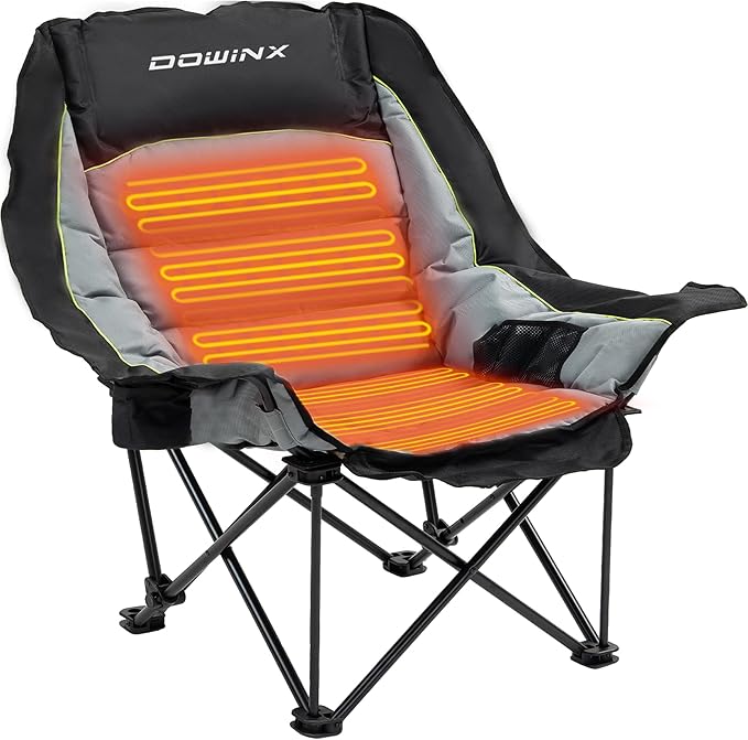 Dowinx Heated Camping Chair for Adults - Oversized Extra Large Folding Chair with Adjustable Padded Seat, Cup Holder, 400 lbs Capacity, Black