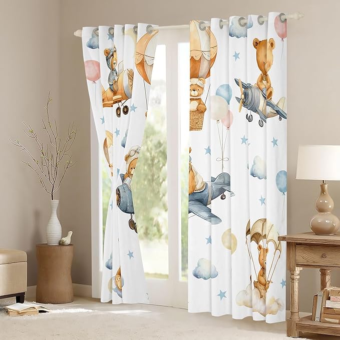 Cartoon Aircraft Window Curtain | Kids Airplane Window Drapes for Kids Bedroom Decor,Adventure Bears Blackout Curtains Clouds Stars Balloon Living Room Top 2 Panels,38Wx54L