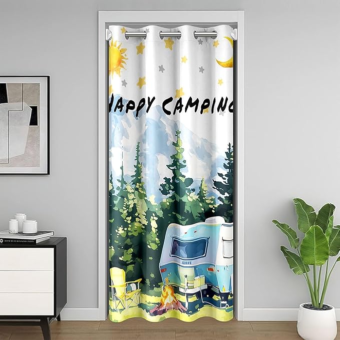 Camper Adventure Kids Door Curtain,Bonfire Campfire Pine Tree Rustic Blackout Curtain,Star Moon RV Trailer Bedroom Doorway Living Room Decor,Summer Green Privacy Door Drape 1 Panel,52" W X 80" L