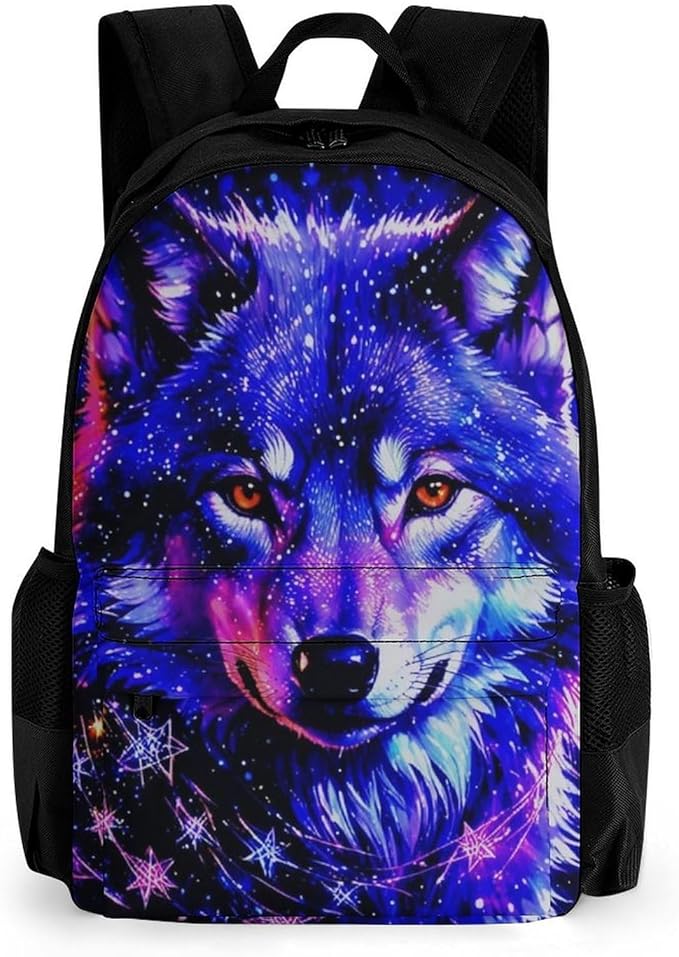 Men Women Lightweight Galaxy Wolf Magical Space Art Daypack Bookbag Big Capacity Carry On Bag With Side Pockets for Camping Travel Bicycle