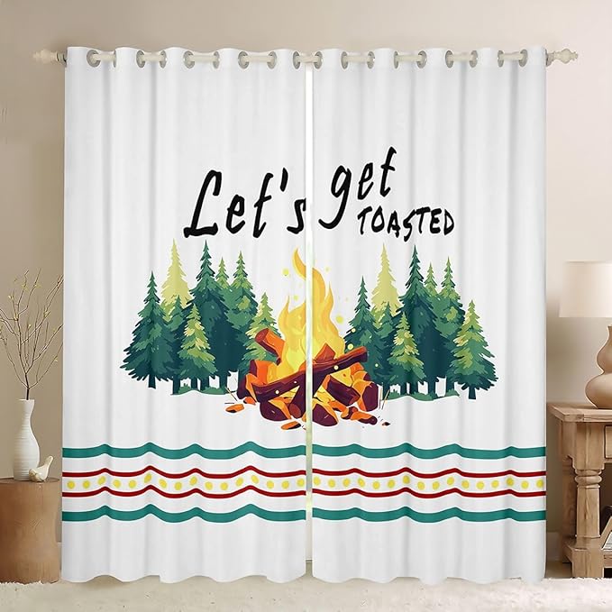 Happy Camping RV Blackout Curtains,Bonfire Campfire Pine Tree Natural Window Drapes,Camper Trailer Rustic Farmhouse Nursery Bedroom Playroom Decor,Green 2 Panels,42Wx84L inch