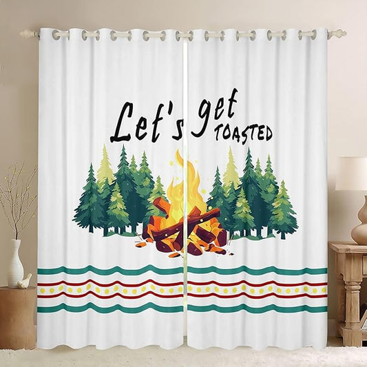 Happy Camping RV Blackout Curtains,Bonfire Campfire Pine Tree Natural Window Drapes,Camper Trailer Rustic Farmhouse Nursery Bedroom Playroom Decor,Green 2 Panels,42Wx84L inch