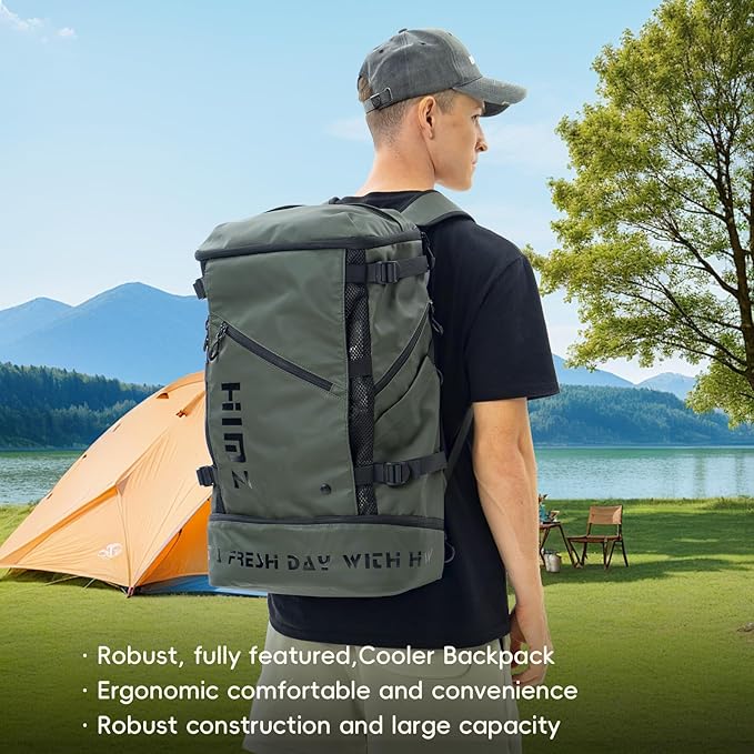 Camping Backpack with Lunch Compartment, Water Resistant Mens Backpack Insulated for Work, 17 inch Laptop Bag, Carry On Backpacks for Airplane Beach Travel, Green