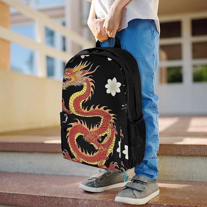 Supdreamc Men Women Polyester Floral Chinese Japanese Dragon Flower Daypack Big Capacity Shoulder Bag With Adjustable Shoulder Straps for Camping Travel Walking Cycling