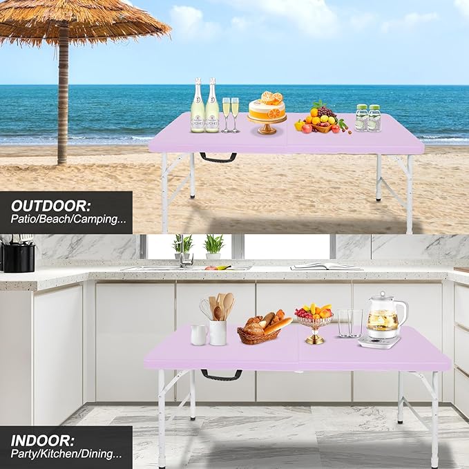 Portable Plastic Folding Table 4ft/6ft/8ft Heavy Duty White Black Picnic Dining Table Fold-in-Half for Camp Party Kitchen Indoor Outdoor