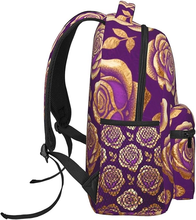 Rucksacks Multipurpose Anti-Theft Big Capacity Bookbag, Purple Gold Rose Art Travel Hiking Camping Rucksack With Padded Straps