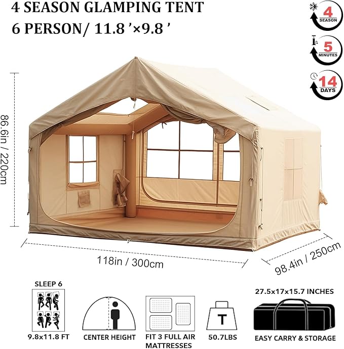 Inflatable Tents for Camping, Large Inflatable Camping Tent with Hand Pump, Easy Setup Tents for 4-6 People, Portable Glamping Tent