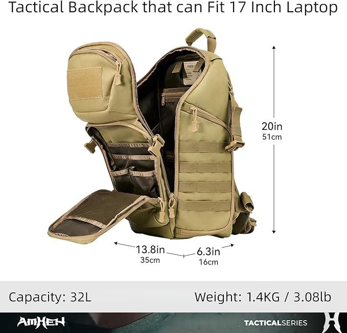 32L Tactical Backpack - MOLLE Everyday Carry with Suspended 17" Laptop Compartment for Work, Travel and Emergency (Tan)