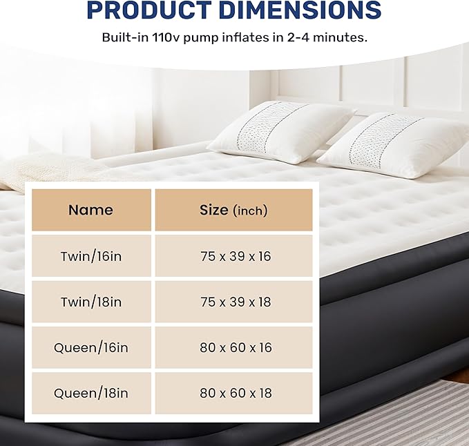 YSSOA Queen Camping Air Mattress with Built-in Electric High-Speed Pump, 18" Bed Height, Comfort Blow Up Inflatable Airbed with Carrying Bag for Travel & Home Guests, Waterproof Foldable Portable