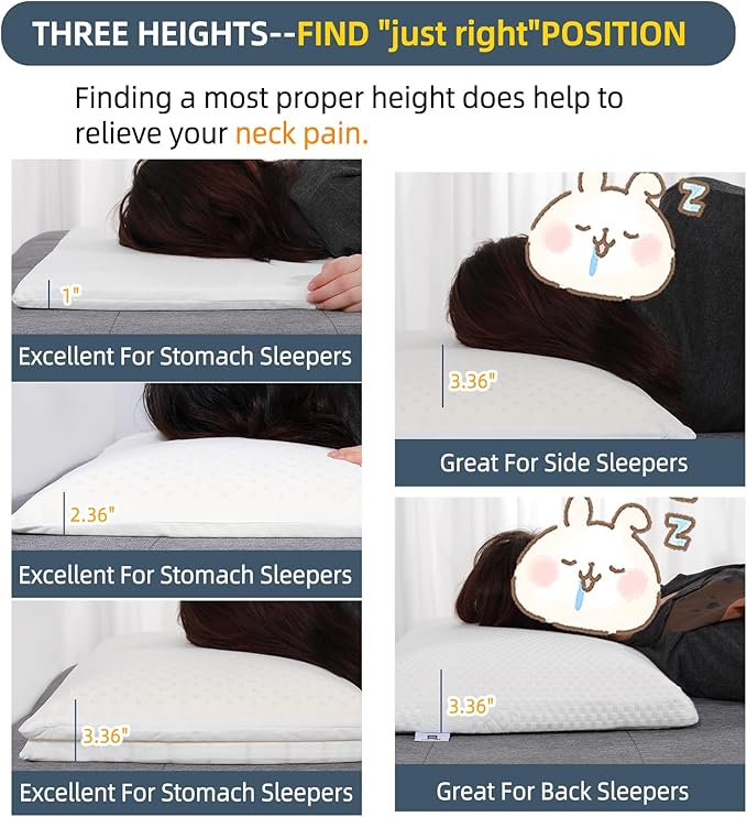 SUQ I OME Adjustable Slim Sleeper -Thin Flat Latex Pillow for Sleeping with 2 Removable Layers 3 Heights(1'', 2.5'', 3.5''), for Stomach, Side and Back Sleepers,Twill White