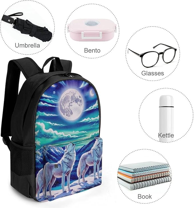 Supdreamc Polyester Daypack for Camping Travel Walking Cycling, Big Capacity Anti-Theft Multipurpose Bookbag, Wolves Moon Aurora Art Camping Outdoor Backpack