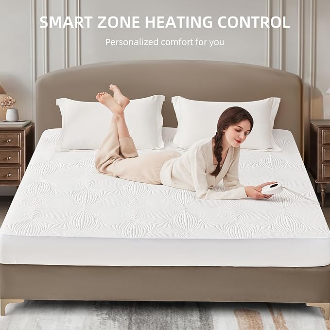 Bwarm Heated Mattress Pad ETL Certified Flower Bed Warmer with 9 Heat Settings, 1-12 Hours Auto Off Deep Pocket, Machine Washable, White (Twin)