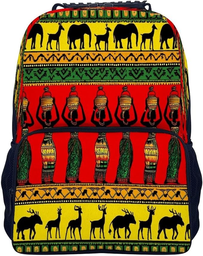 Polyester Daypack Backpack for Sports Travel Running, Big Capacity Anti-Theft Multipurpose Carry On Bag, Ethnic Tribal African Black Women Deer Elephants Art Laptop Book Bag Rucksack
