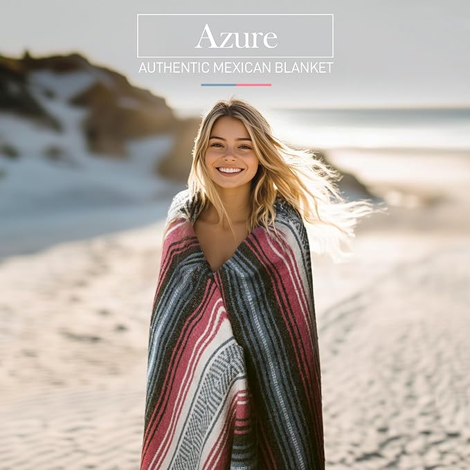 Hydration Nation Authentic Large Handwoven Mexican Striped Throw Blanket - Soft, Durable, Eco-Friendly - 70"x50" - Azure