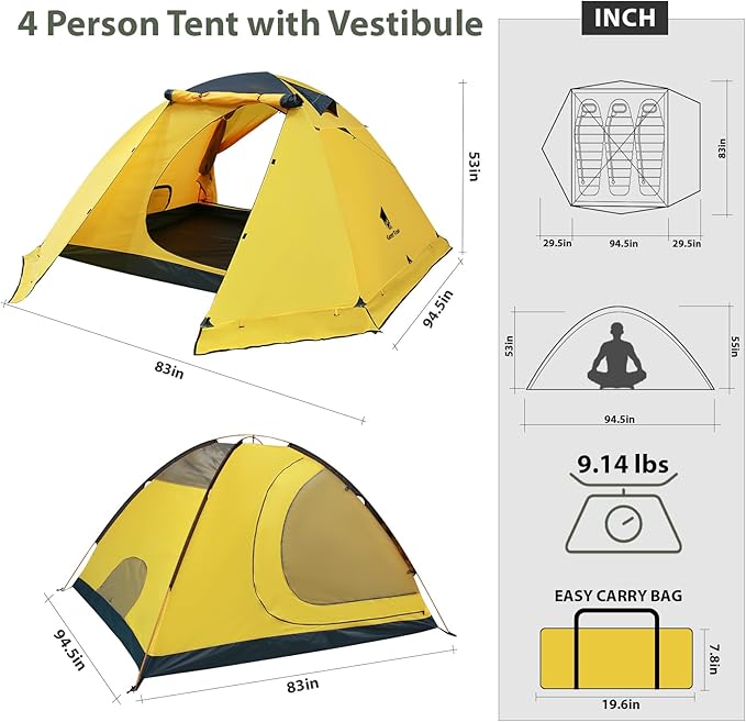 GEERTOP 4 Person 4 Season Tent for Camping Waterproof Double Layer Easy Set Up Family Tent for Camping Hiking Backpacking Outdoor Travel