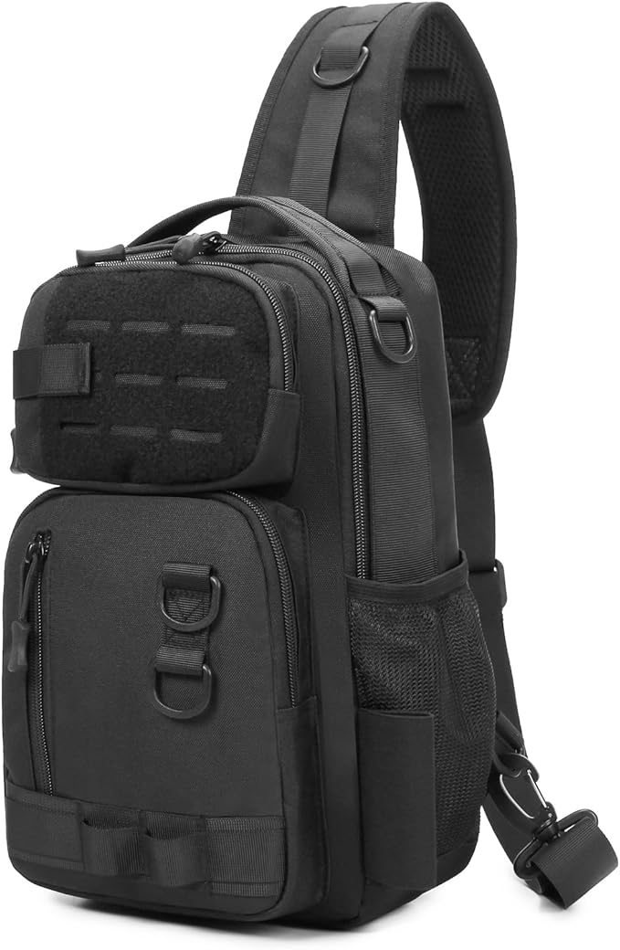 CamGo Small Tactical Sling Bag Black Military One Strap Crossbody Fishing Shoulder Pack Molle Backpack for Sport Daily