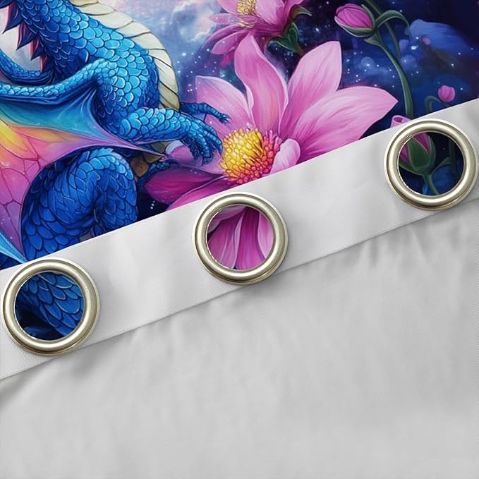 Manfei Blue Dragon Blackout Curtains Pink Lotus Flower Window Drapes,Cartoon Wild Animal Theme Window Treatments,Kids Boys Girls Room Decor,Grommet Top 2 Panel Set Bedroom Curtains, 42Wx63L inch