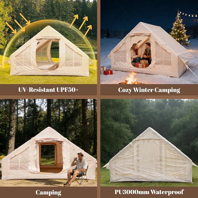 Easy Setup Inflatable Camping Tent, Waterproof 4 Season Air Tent with Hand Pump, Oxford Glamping Tent for 4/6/8 Adults