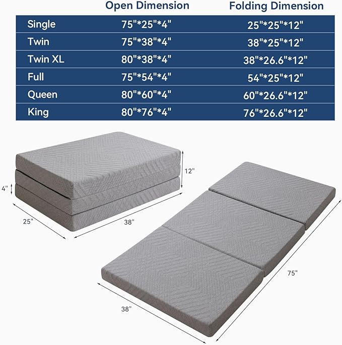 Hcore Folding Mattress Twin, 4 Inch Foldable Trifold Memory Foam Mattress with Bag, Portable Mattress Topper for Floor, Camping, Guest, CertiPUR-US Certified, 75"x 38" x4"