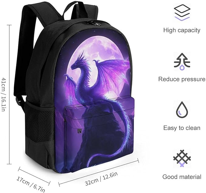Adults Lightweight Purple Dragon Art Rucksacks Large Capacity Bookbag With Adjustable Shoulder Straps for Trekking Outdoors Bicycle
