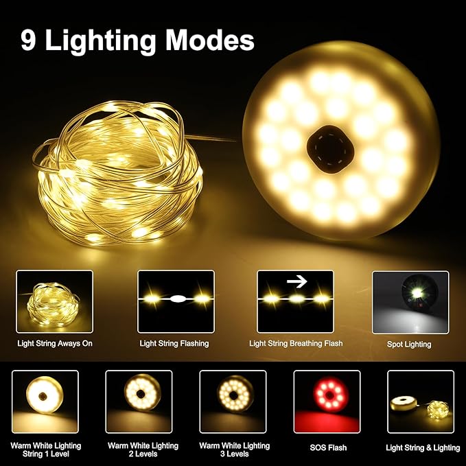 SMY Lighting 3 in 1 Camping String Light Rechargeable(32.8Ft), Warm White Portable Outdoor String Lights, Tent Fairy Lights, Multi-Modes & Brightness,USB RV Awning Lights for Camper, Hiking and Yard