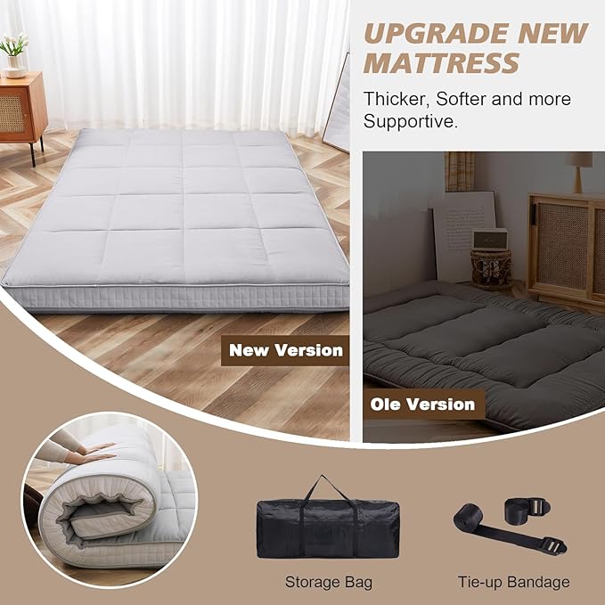 Queen Size Futon Mattress - Extra Thick Foldable Japanese Floor Mattress - Memory Foam Sleeping Pad for Adults - Tatami Mat Suitable for Camping & Guest - Gray