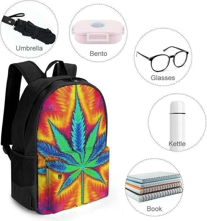 Men Women Polyester Trippy Tie Dye Pot Leaves Weedleaf Leaf Daypack Backpack Large Capacity Carry On Bag With Smooth Zippers for Hiking Picnic Walking Cycling