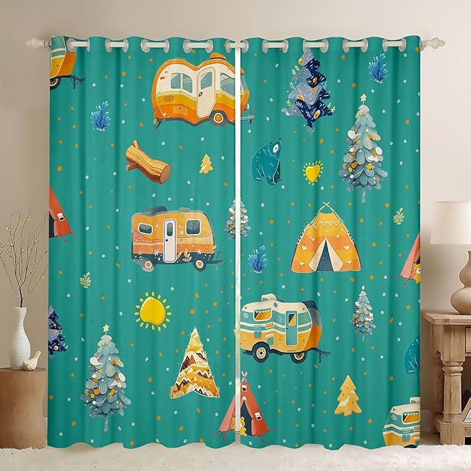 Feelyou Green RV Camping Camper Curtains for Bedroom Living Room Adventure Camper Blackout Shades Happy Camping Room Darkening Curtain Window Treatments, 2 Panels 52 x 90 Inch Decor
