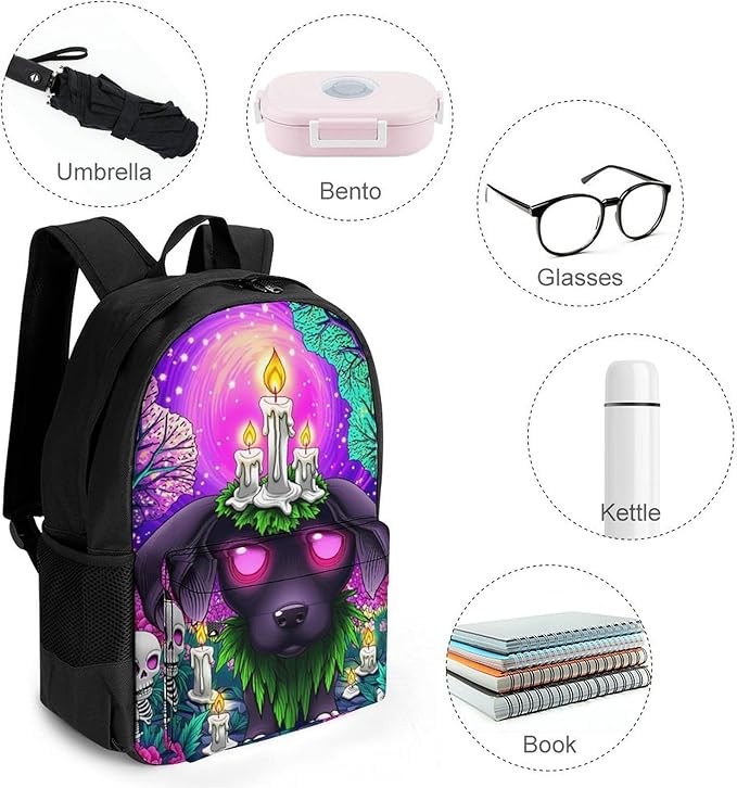 Supdreamc Men Women Lightweight Surrealist Dog Halloween Skeletons Flowers Fantasy Art Casual Daypack Big Capacity Bookbag With Padded Straps for Gym Travel Walking Cycling