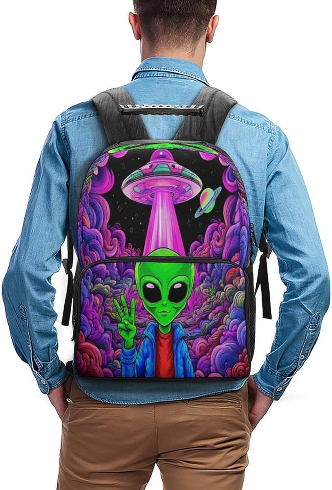 Men Women Polyester Trippy Space Alien Marijuanaweed Art Daypack Big Capacity Shoulder Bag With Smooth Zippers for Hiking Work Walking Cycling