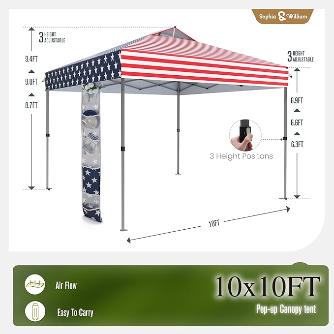 Sophia & William Canopy Tent Pop Up 10x10 ft, One Person Push Set Up Tent, Outdoor Canopies Shelter Heavy Duty Straight Legs with 4 Sandbags & Guy Ropes, 1 Roller Bag & Storage Bag, 8 Stakes, UPF50+