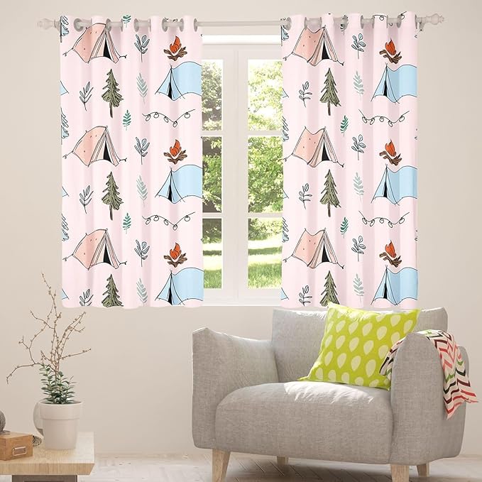 Feelyou Cute Pink Camping Camper Blackout Curtains Campfire Tent Darkening Drapes for Bedroom Living Room Decor Happy Camping Thermal Insulated Shades Window Treatments, 2 Panels 52 x 63 Inch
