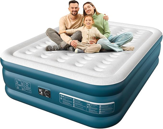 Air Mattress 18", Queen Air Mattress with Built in Pump, Inflatable Mattress with Soft Flocked Top and Portable Carry Bag Adjustable Blow Up Mattress for Guest, Indoor, Travel (Green)