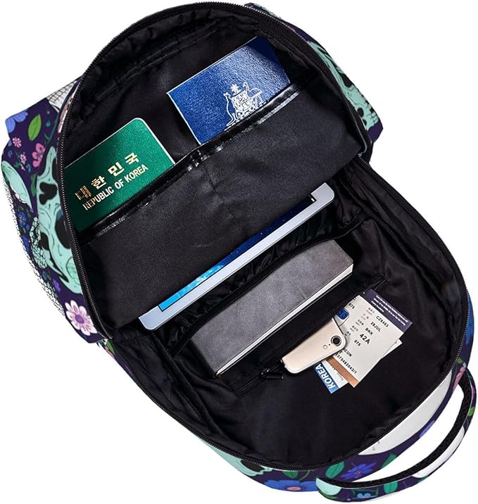 Men Women Polyester Flower Skull Purple Backpack Large Capacity Bookbag With Smooth Zippers for Climbing Picnic Bicycle