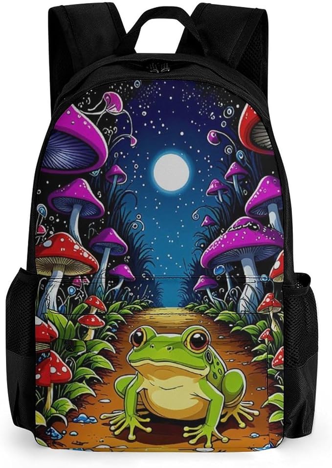 Supdreamc Casual Daypack Multipurpose Anti-Theft Large Capacity Carry On Bag, Psychedelic Magic Mushrooms Frog Trippy Art Casual Daypack Climbing Shoulder Bag With Padded Straps