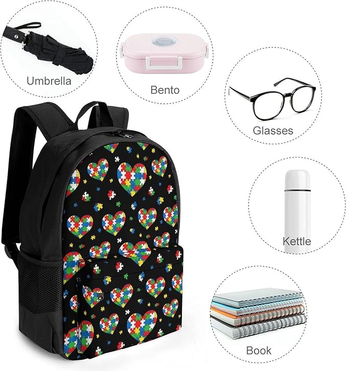 Supdreamc Polyester Daypack Backpack for Sports Travel Running, Big Capacity Anti-Theft Multipurpose Carry On Bag, Puzzle Pieces Heart Colorful Autism Awareness Laptop Book Bag Rucksack