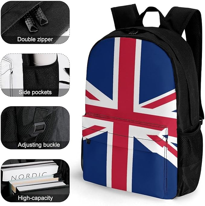 Men Women Lightweight British Uk Flag Daypack Bookbag Big Capacity Carry On Bag With Side Pockets for Camping Travel Bicycle