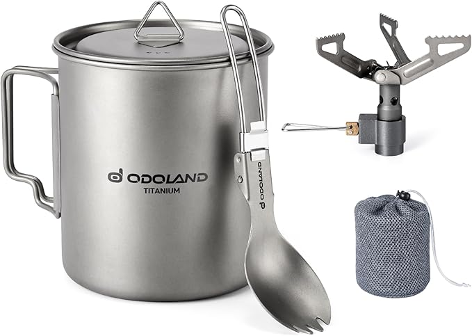 Odoland Titanium Camping Cookware 750ML Titanium Pot with Camping Stove and Spork Portable Pot for Backpacking, Hiking, Traveling and Picnic