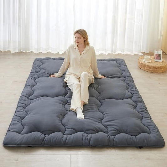 SAPHREAS Japanese Futon Mattress Floor Mattress Queen, Foldable Roll Up Bed Mattress Topper with Elastic Straps, Tatami Mat Sleeping Pad for Camping, Grey