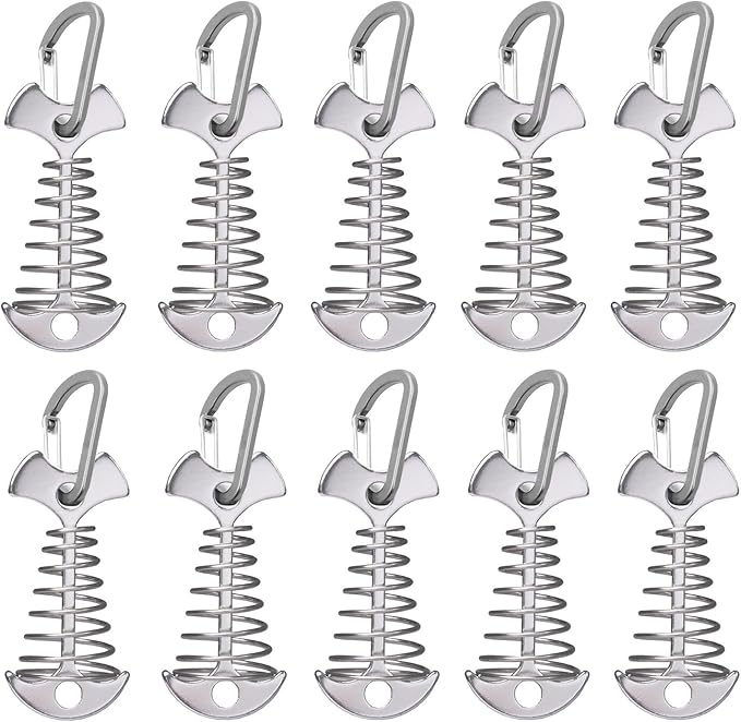 Fishbone Deck Anchor Pegs with Carabiners, Aluminium Tent Stakes with Spring Buckle, Windproof for Outdoor Camping Hiking (10Pcs Silver)