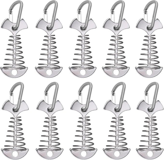 Fishbone Deck Anchor Pegs with Carabiners, Aluminium Tent Stakes with Spring Buckle, Windproof for Outdoor Camping Hiking (10Pcs Silver)
