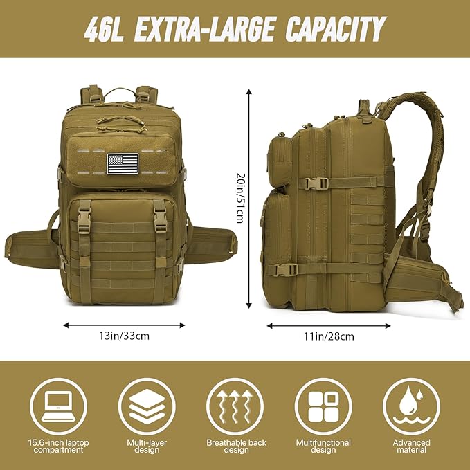 Tactical Backpack for Men, Water Resistant 46L Military Backpack, Large Army 3 Day Assault Pack for Hiking, Camping, Gym with Molle System, Khaki