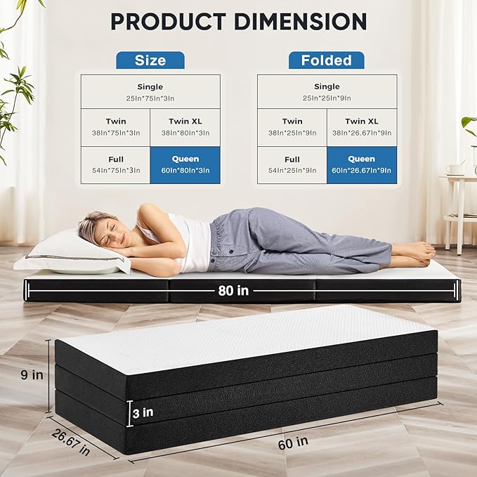Tri-Fold Queen Memory Foam Mattress, 3 inch Folding Mattress Topper with Washable Cover, Portable Non-Slip Guest Floor Bed for Camping Travel