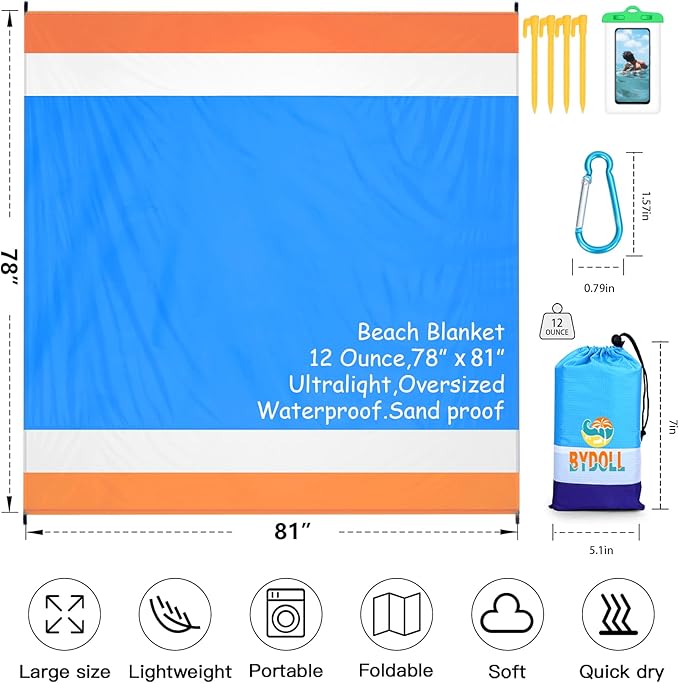 BYDOLL Beach Blanket Waterproof Sandproof Large 78''×81''/10'×9' Sand Free Oversized Sandless Picnic Mat Water Proof Packable Lightweight Blanket for Beach Camping Hiking Travel