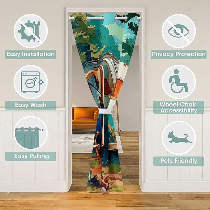 Camper RV Trailer Kids Door Curtain,Tent Bonfire Campfire Pine Tree Nature Blackout Curtain,Rustic Farmhouse Cabin Bedroom Doorway Living Room Decor,Watercolor Privacy Door Drape 1 Panel,42" W X 84" L