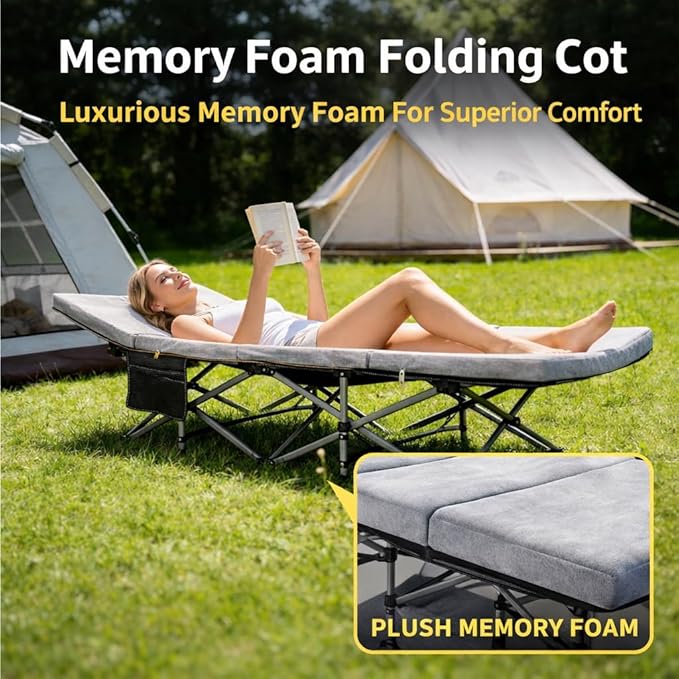 Slsy Camping Cot with 2" Memory Foam Mattress, Upgraded Padded Folding Cot Bed with Carry Bag, Portable Sleeping Cot for Camping, Travel, Beach & Hiking