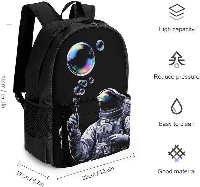 Supdreamc Daypack Backpack Polyester Anti-Theft Multipurpose Trippy Space Bubble Astronaut Art Bookbag Big Capacity Travel Hiking Camping Rucksack With Smooth Zippers