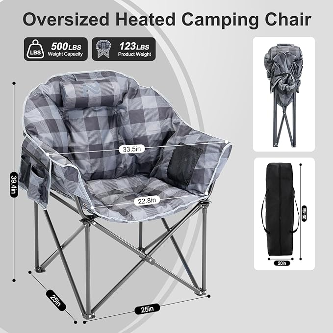 ABORON Oversized Heated Camping Chair, Portable Folding Recliner with 3 Heat Settings, Heavy-Duty Fully Padded Chair Supports Up to 500 lbs, Ideal for Outdoor Adventures