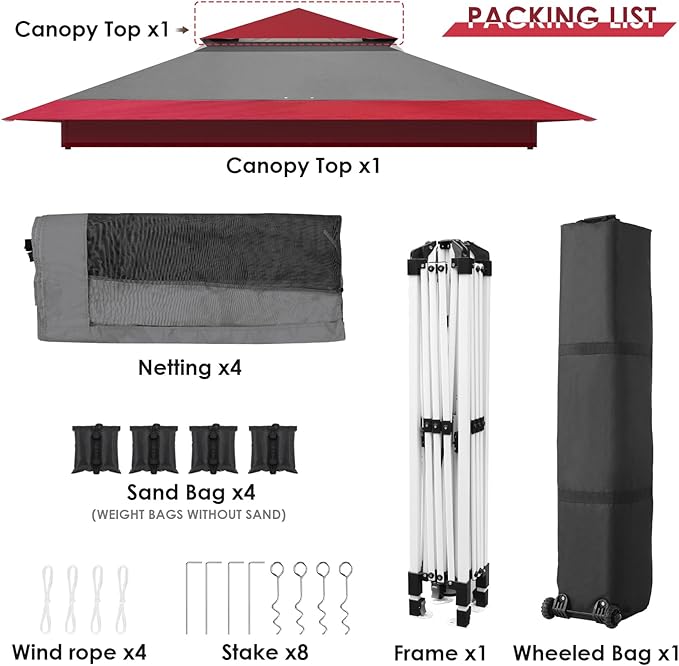 TLSUNNY 13' X 13' Pop Up Gazebo, Outdoor Canopy Tent W/4 Mesh Walls & Wheeled Bag, Screened Shelter with Netting, One-Person Set Up, Height Adjustable, for Patio, Yard, Party, Garden (Burgundy)