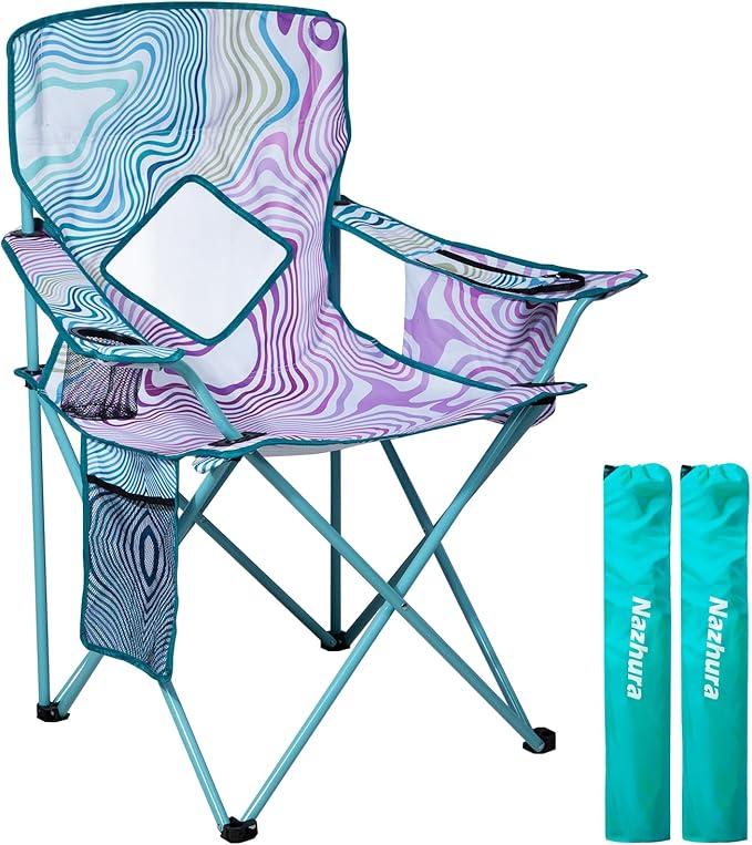Nazhura 2 Pack Folding Camping Chair with Cooler Pouch, Mesh Backrest and Cup Holder Pocket (Flower, 2 Pack)
